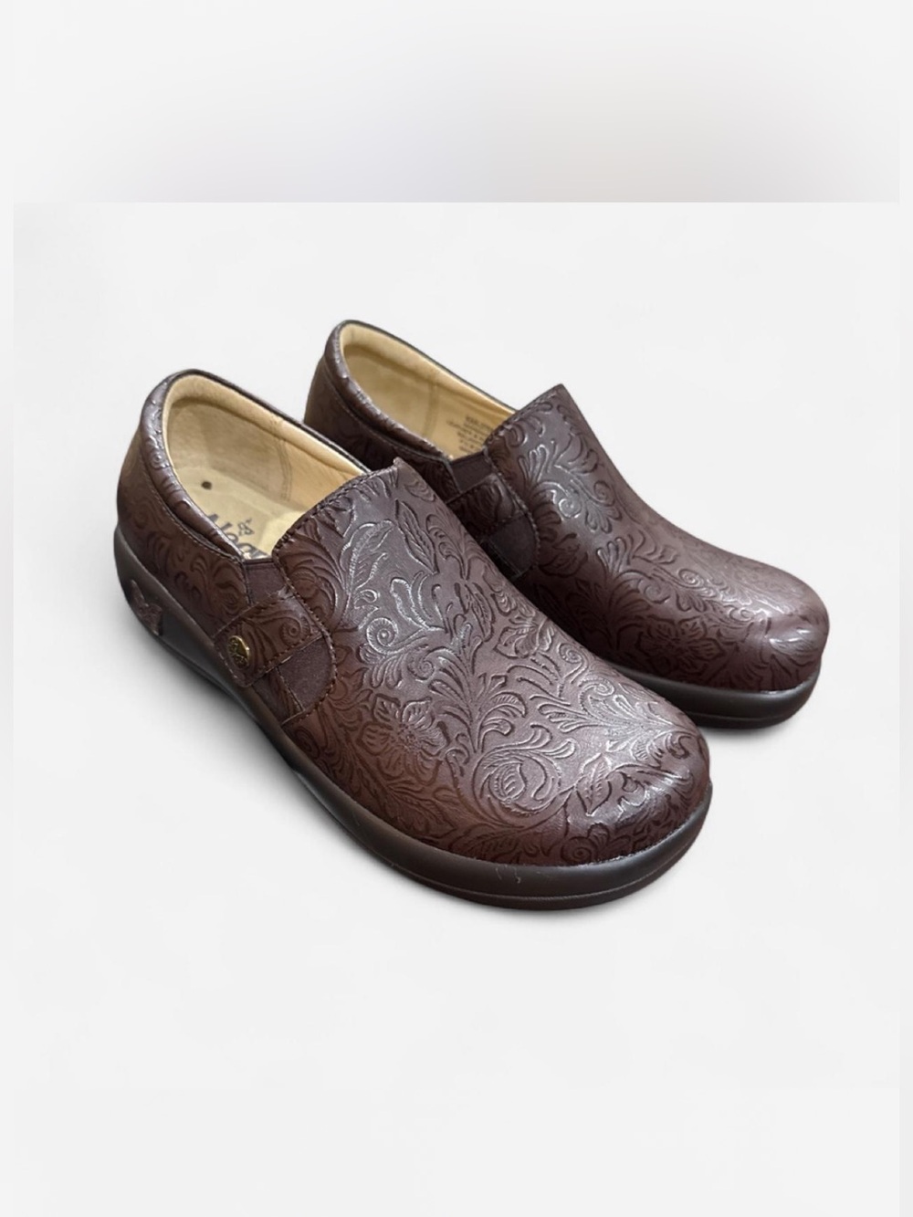 Alegría Kara clogs chocolate embossed paisley casual preppy boho sz 37 KAR275X